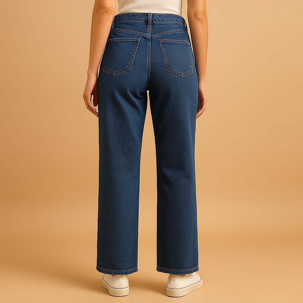Sienna high-waisted loose fit jeans in dark blue denim seen from the back, worn with cream trainers