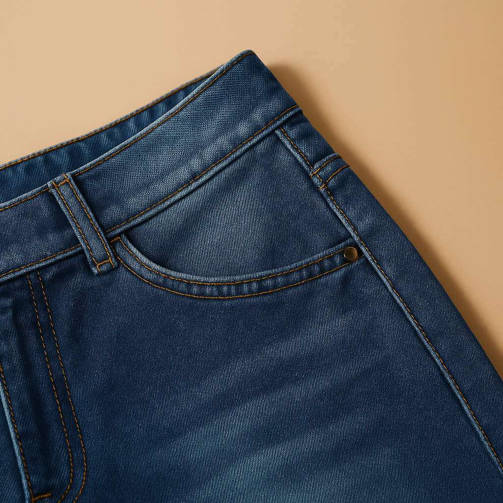 Close-up of the dark blue denim fabric and pocket stitching of the Sienna high-waisted loose fit jeans