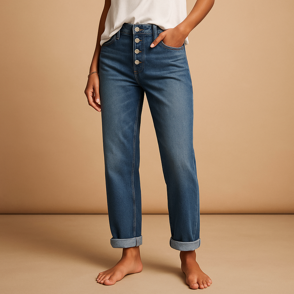 Sienna high-waisted loose fit jeans in mid blue denim with turned-up hems, worn with a white top