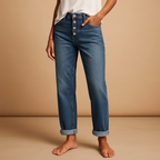 Sienna high-waisted loose fit jeans in mid blue denim with turned-up hems, worn with a white top