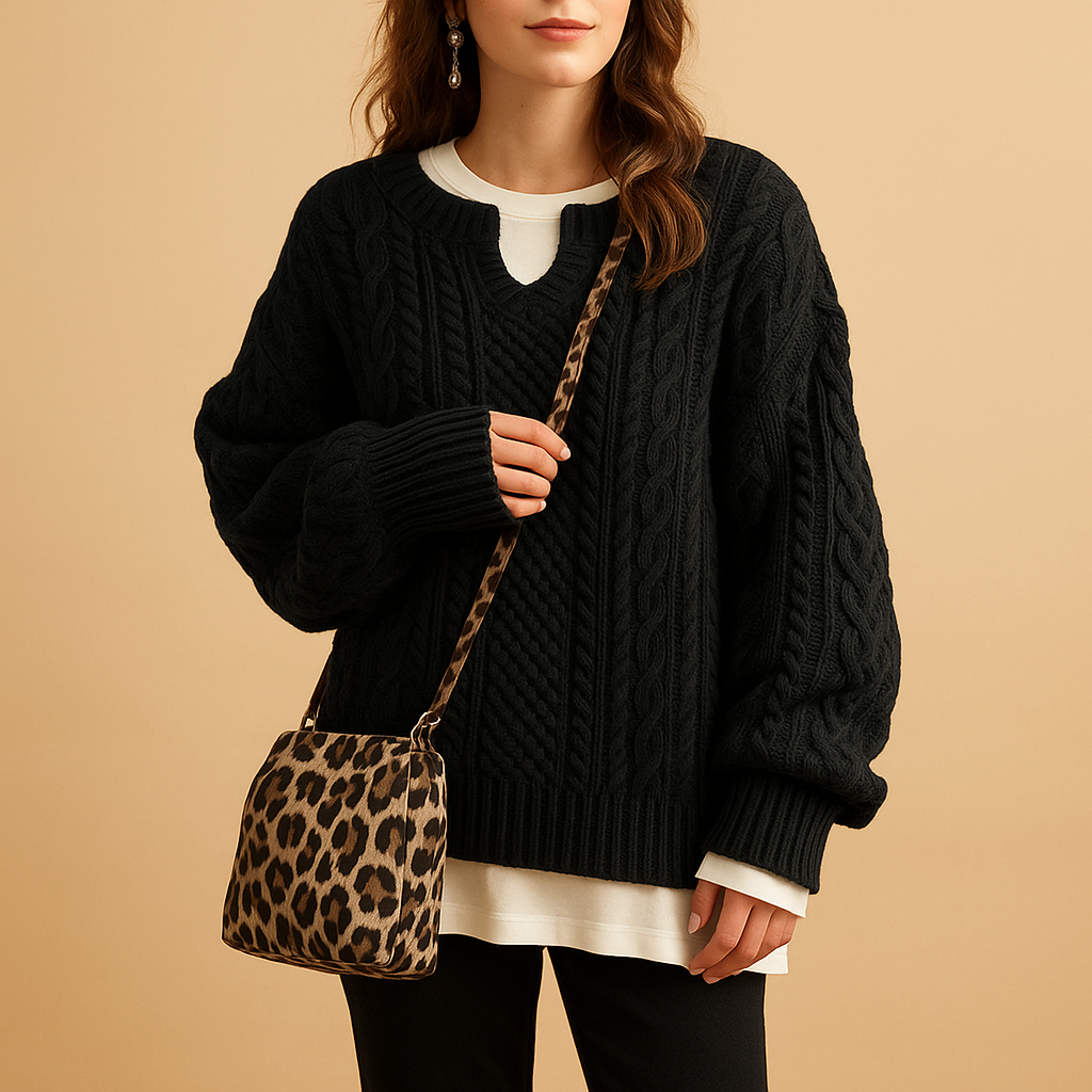 Tara oversized chunky knit sweater in black with a contrast cream collar, worn with a leopard print bag