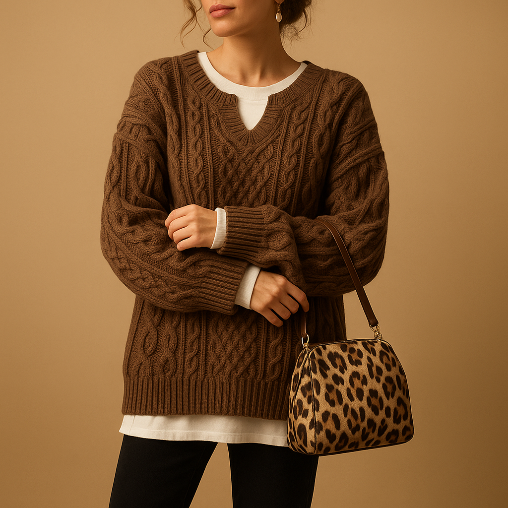 Tara oversized chunky knit sweater in brown with a contrast cream collar, worn with a leopard print bag