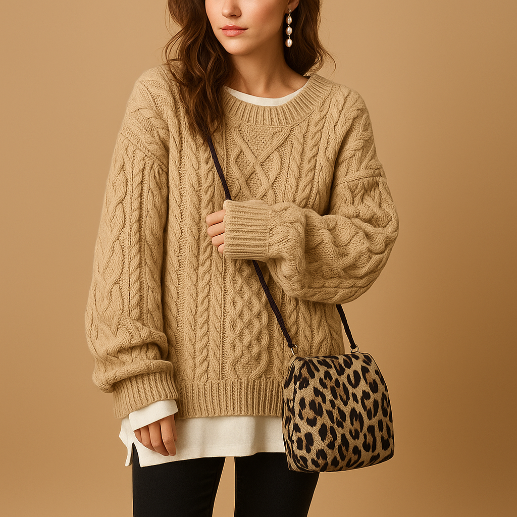 Tara oversized chunky knit sweater in camel with a cable knit texture and contrast cream collar