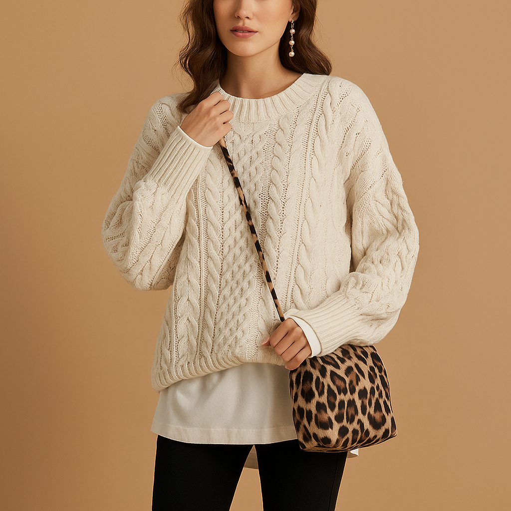 Tara oversized chunky knit sweater in cream, styled with white trousers and a leopard print bag