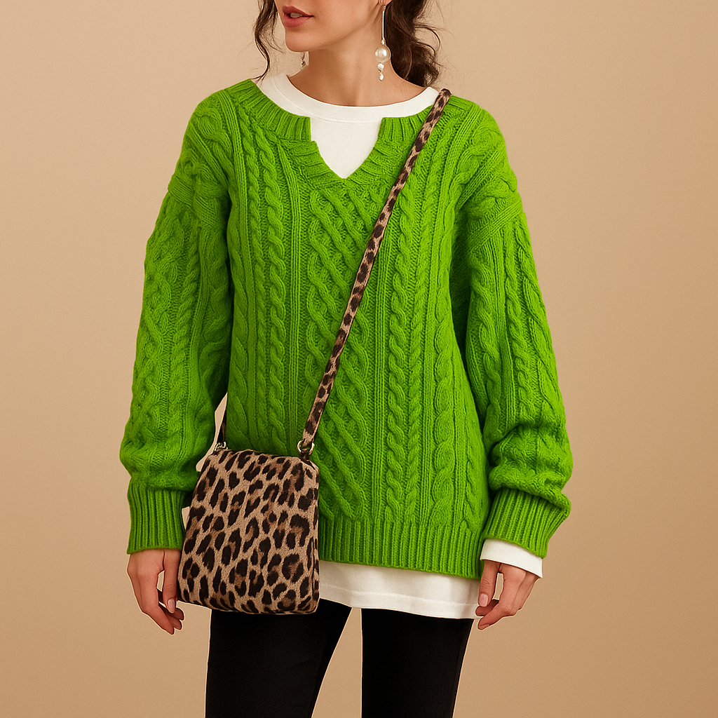 Tara oversized chunky knit sweater in bright green with a contrast cream collar, worn with black trousers