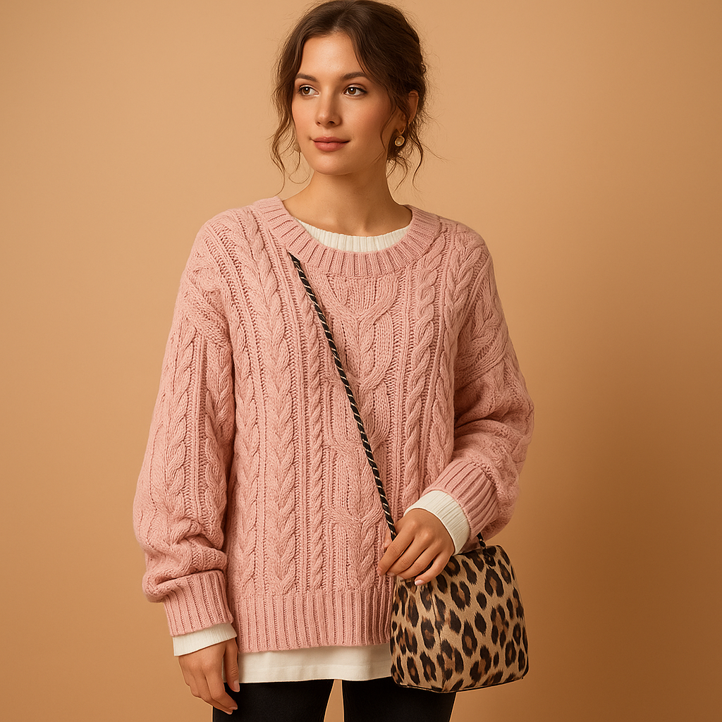 Woman wearing the Tara oversized chunky knit sweater in pink marl with contrast cream cuffs and hem