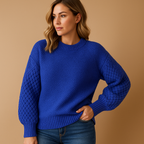 Tirza soft knit sweater in cobalt blue with a round neck and relaxed sleeves, worn with blue jeans