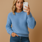 Tirza soft knit sweater in light blue with a textured weave, worn with dark jeans